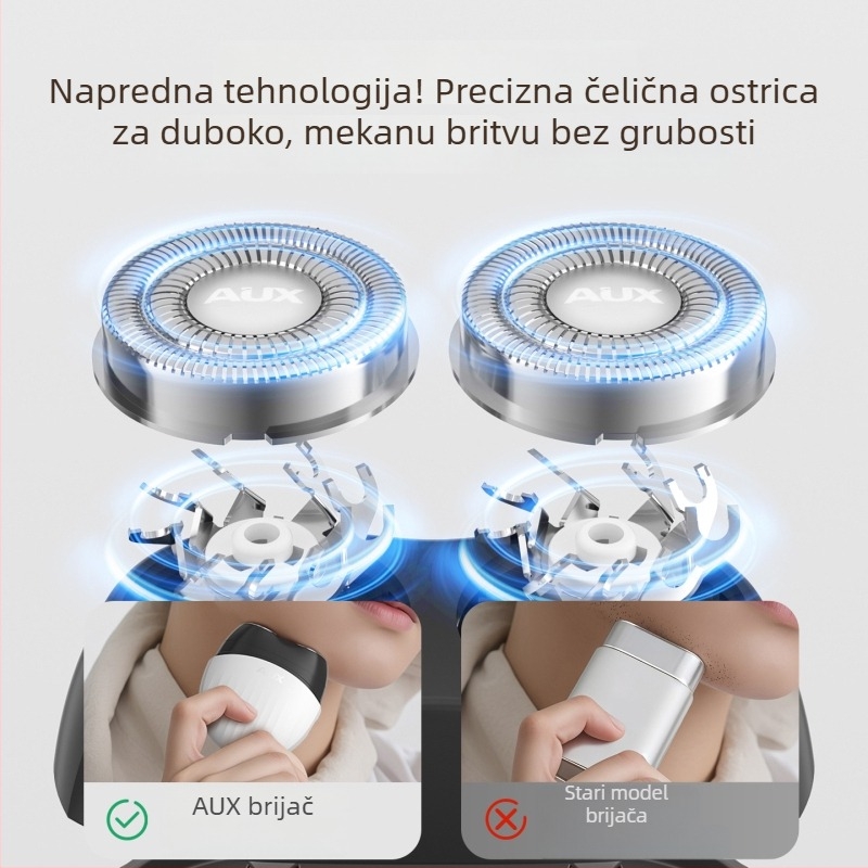 Aux Mini prijenosni električni brijač za muškarce s rotirajućom glavom i dvije oštrice