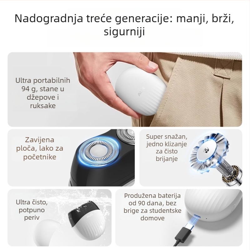 Aux Mini prijenosni električni brijač za muškarce s rotirajućom glavom i dvije oštrice