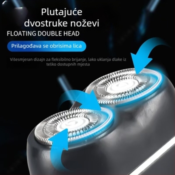 Električni prijenosni brijač s dvostrukom rotacijskom glavom i plutajućom glavom, suho brijanje, ugrađena baterija, vrijeme punjenja 2 sata