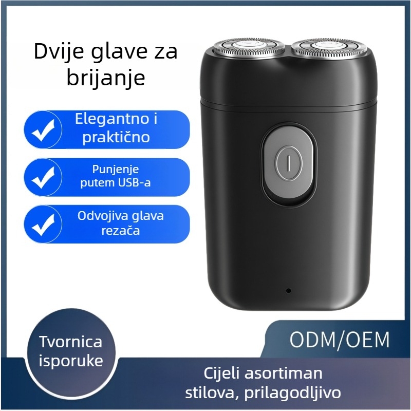 Električni prijenosni brijač s dvostrukom rotacijskom glavom i plutajućom glavom, suho brijanje, ugrađena baterija, vrijeme punjenja 2 sata