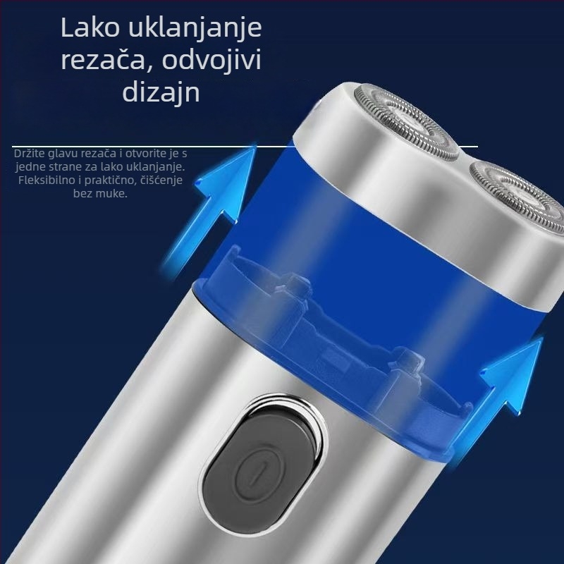 Električni prijenosni brijač s dvostrukom rotacijskom glavom i plutajućom glavom, suho brijanje, ugrađena baterija, vrijeme punjenja 2 sata