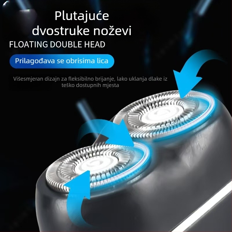 Električni prijenosni brijač s dvostrukom rotacijskom glavom i plutajućom glavom, suho brijanje, ugrađena baterija, vrijeme punjenja 2 sata