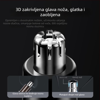 Električni trimer za nosne dlačice, nehrđajući čelik, punjiv, glava koja se pere, ugrađena baterija 100–300 mAh, trajanje baterije preko 15 dana