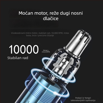 Električni trimer za nosne dlačice, nehrđajući čelik, punjiv, glava koja se pere, ugrađena baterija 100–300 mAh, trajanje baterije preko 15 dana