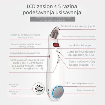 Ručni kozmetički uređaj s crvenim i plavim svjetlom, visoko usisavanje za uklanjanje crnih mrlja, toplo-hladno liječenje, brzo hlađenje i zagrijavanje za pomlađivanje kože, salonski model.