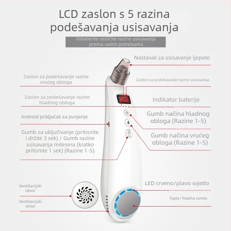 Ručni kozmetički uređaj s crvenim i plavim svjetlom, visoko usisavanje za uklanjanje crnih mrlja, toplo-hladno liječenje, brzo hlađenje i zagrijavanje za pomlađivanje kože, salonski model.