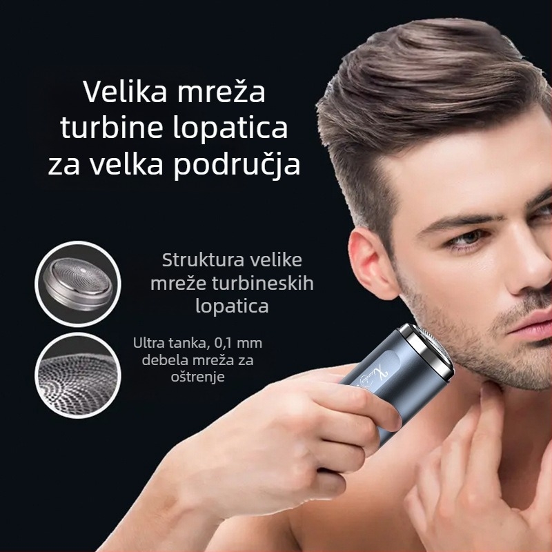 Električni brijač s rotirajućom glavom višestruko oštrica (4+), ugrađena baterija, četkasti motor, trajanje rada 30–45 minuta, buka 36–45 dB