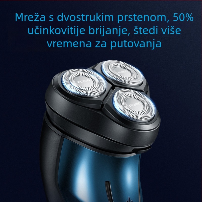 Flyco električni brijač, punjivi, potpuno vodootporan za cijelo tijelo, plutajuća glava, rotirajuća glava s tri oštrice, trajanje rada oko 45 minuta