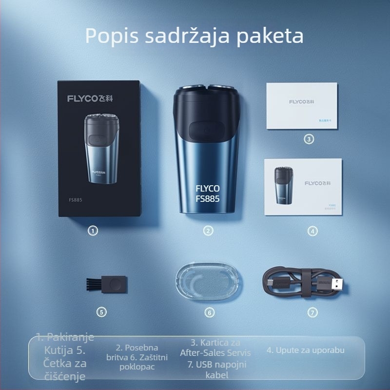 Flyco električni brijač, punjivi, potpuno vodootporan za cijelo tijelo, plutajuća glava, rotirajuća glava s tri oštrice, trajanje rada oko 45 minuta