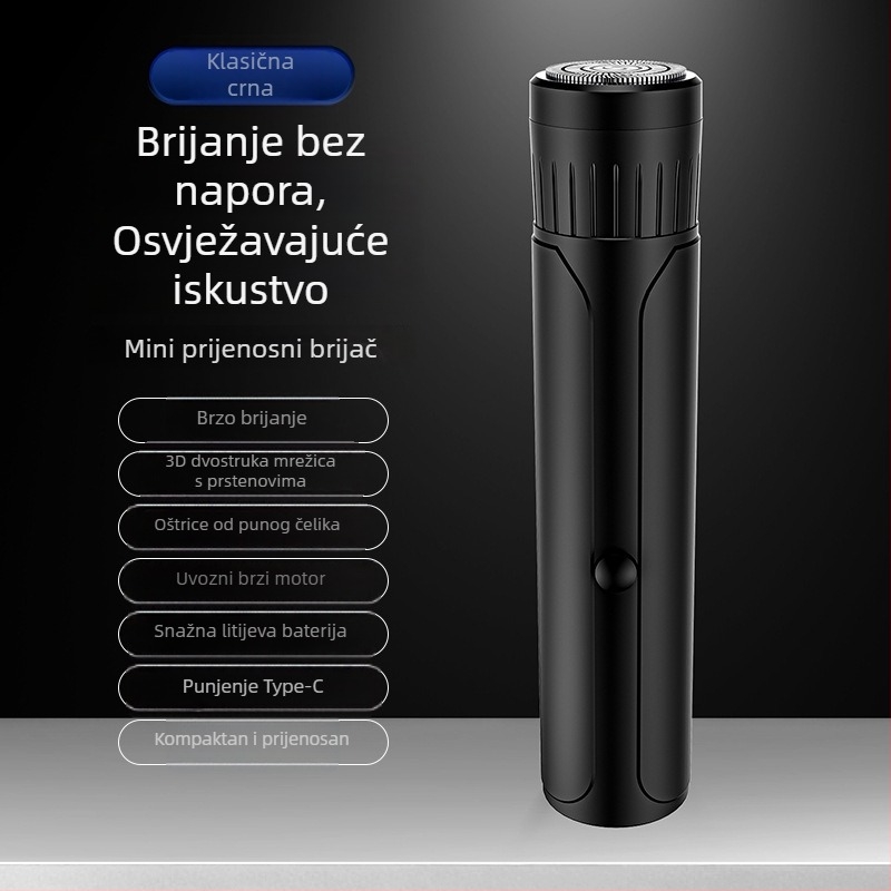 Muški električni brijač – kompakni putni mini, tih, zaštita od hvatanja, pogodan za automobil, USB punjenje