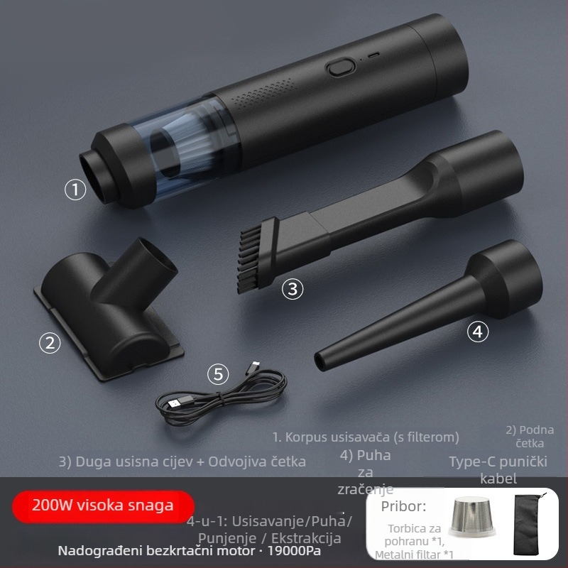 Prijenosni usisavač za automobil s snažnim usisavanjem 16000 Pa, 7,5 V, 80 W, punjiv, bežični