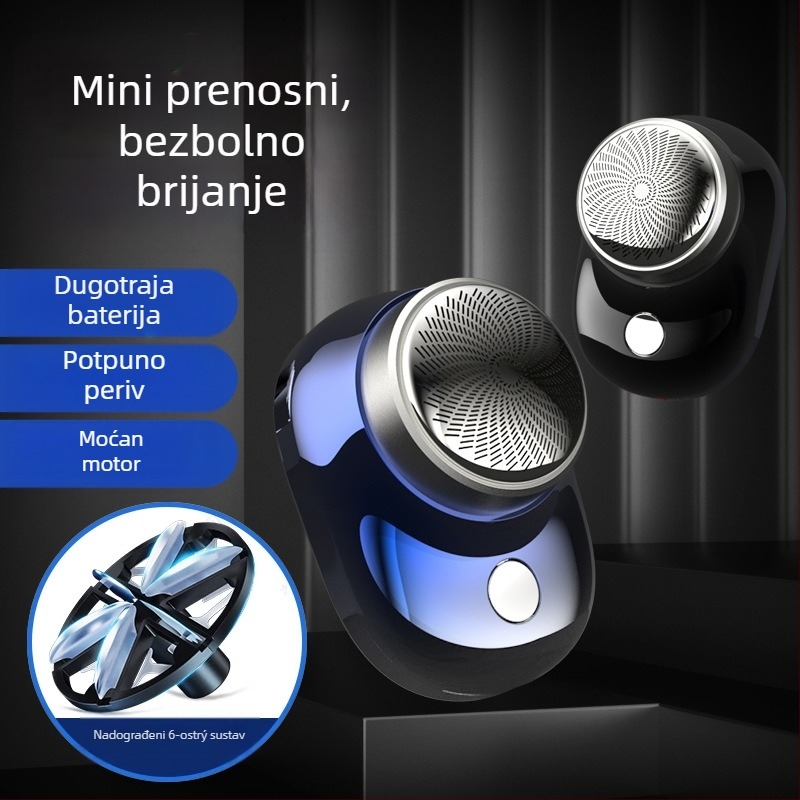 Električni mini brijač za muškarce, prijenosna rotirajuća glava, periva glava, s ugrađenom baterijom 100–300 mAh, motor bez četkica, tiši rad