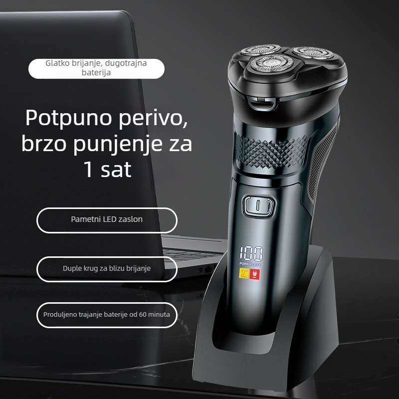 Električni brijač za muškarce s plivajućom troglavom rotacijskom glavom, vodootporan za cijelo tijelo, LED zaslon, ugrađena baterija 500–800 mAh, prijenosan