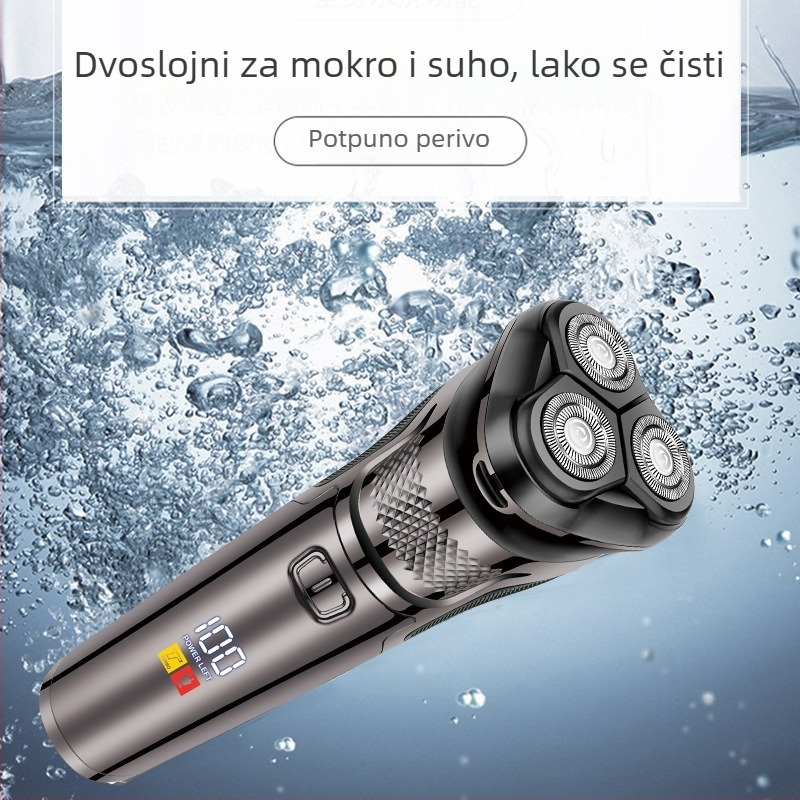 Električni brijač za muškarce s plivajućom troglavom rotacijskom glavom, vodootporan za cijelo tijelo, LED zaslon, ugrađena baterija 500–800 mAh, prijenosan