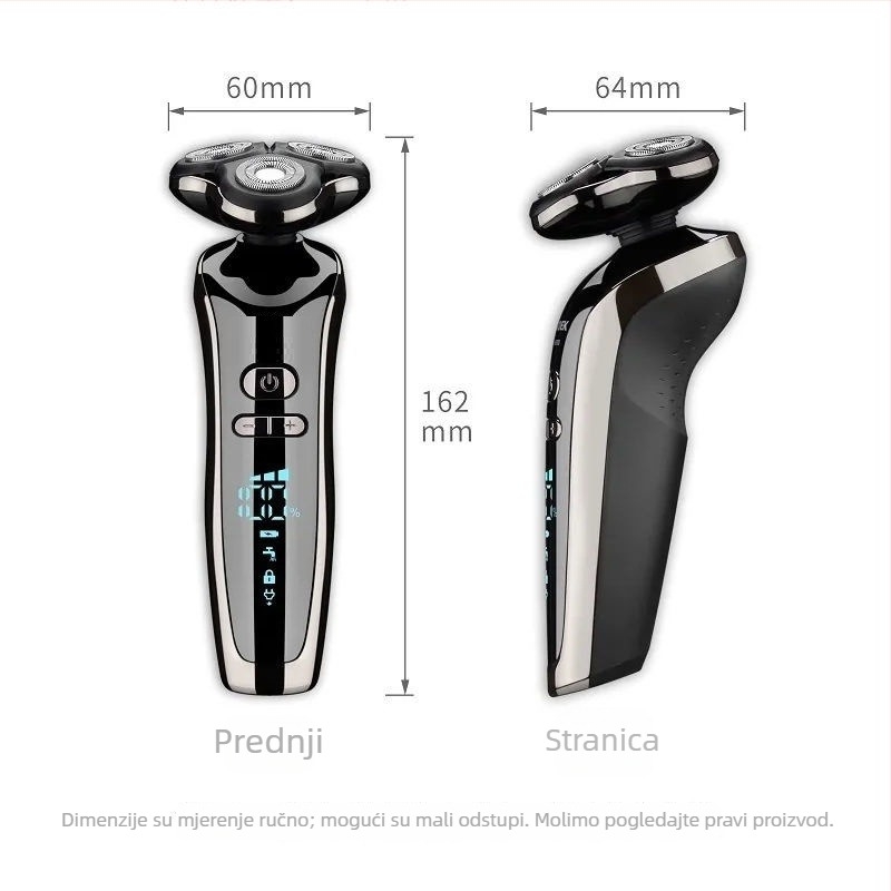 VOAUN električni brijač s rotirajućom troglavom glavom, vodootporan za cijelo tijelo, LED zaslon, trajanje 60+ minuta, maksimalna snaga 5W