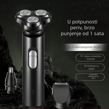 Električni brijač s rotirajućom trostrukom glavom, USB punjenje, potpuno periv za cijelo tijelo, brushless motor, autonomija preko 60 minuta