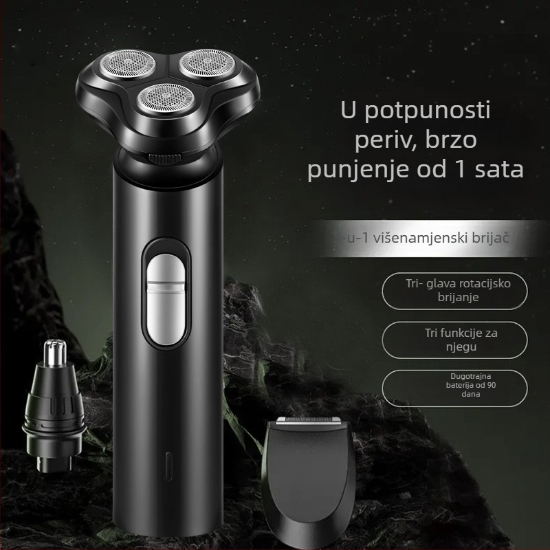 Električni brijač s rotirajućom trostrukom glavom, USB punjenje, potpuno periv za cijelo tijelo, brushless motor, autonomija preko 60 minuta