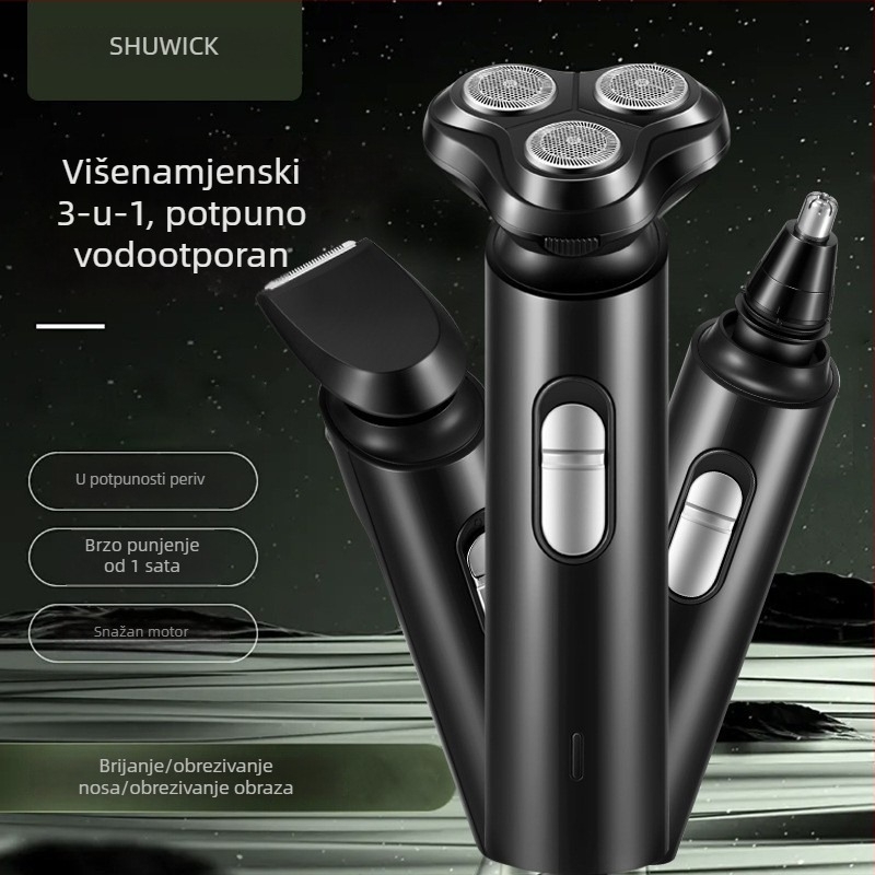 Električni brijač s rotirajućom trostrukom glavom, USB punjenje, potpuno periv za cijelo tijelo, brushless motor, autonomija preko 60 minuta