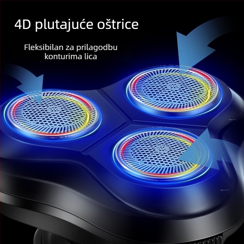 Električni brijač s rotirajućom trostrukom glavom, USB punjenje, potpuno periv za cijelo tijelo, brushless motor, autonomija preko 60 minuta