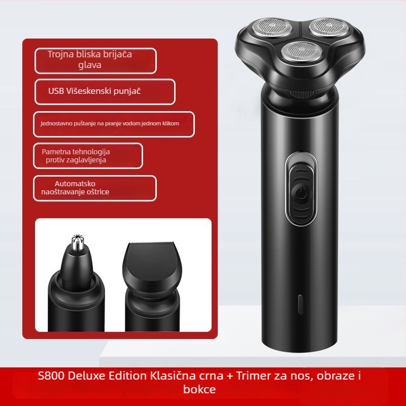 Električni brijač s rotirajućom trostrukom glavom, USB punjenje, potpuno periv za cijelo tijelo, brushless motor, autonomija preko 60 minuta