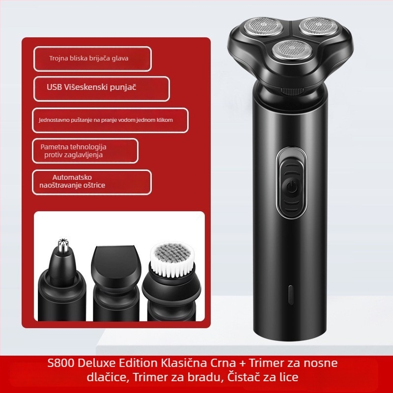 Električni brijač s rotirajućom trostrukom glavom, USB punjenje, potpuno periv za cijelo tijelo, brushless motor, autonomija preko 60 minuta