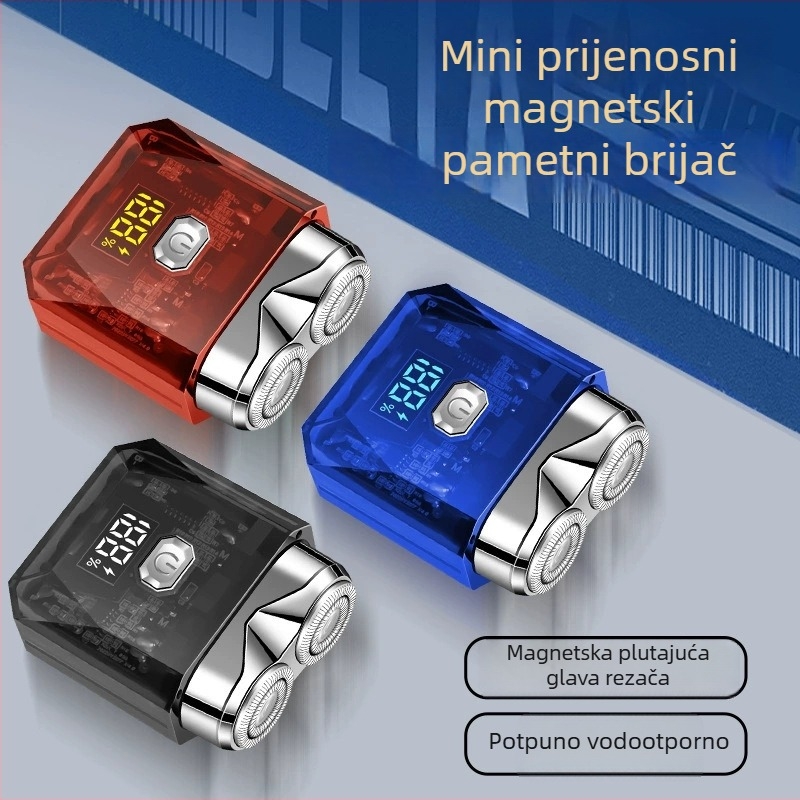 Električni brijač za mokro i suho brijanje, plutujuća glava, rotirajuća glava s 2 oštrice, ugrađena punjiva baterija (45–60 min trajanje), LED zaslon