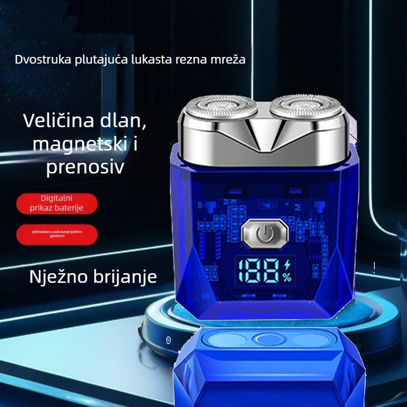 Električni brijač za mokro i suho brijanje, plutujuća glava, rotirajuća glava s 2 oštrice, ugrađena punjiva baterija (45–60 min trajanje), LED zaslon