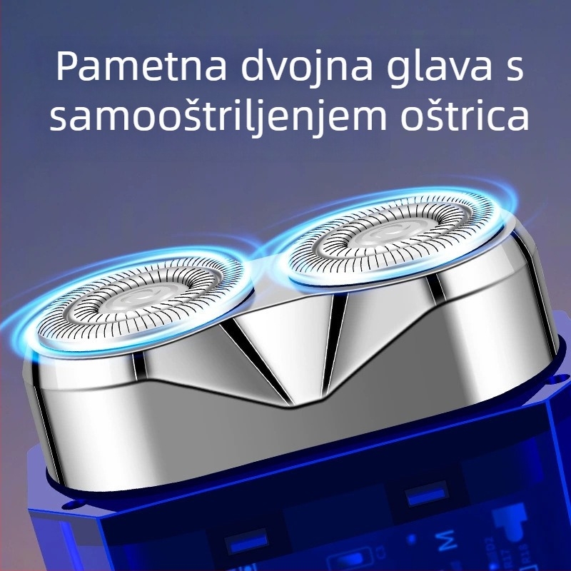 Električni brijač za mokro i suho brijanje, plutujuća glava, rotirajuća glava s 2 oštrice, ugrađena punjiva baterija (45–60 min trajanje), LED zaslon