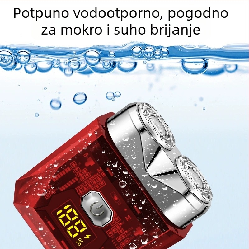 Električni brijač za mokro i suho brijanje, plutujuća glava, rotirajuća glava s 2 oštrice, ugrađena punjiva baterija (45–60 min trajanje), LED zaslon