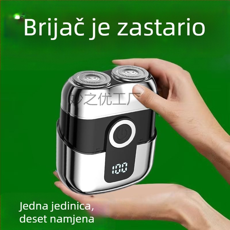 Električni brijač s plutajućom glavom, rotacijska glava s dvije oštrice, izmjenjiva i periva glava, punjiv, motor bez četkica