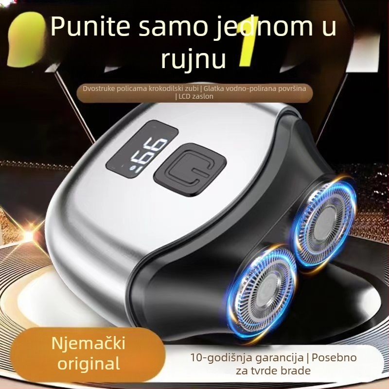Električni brijač s plutajućom glavom, rotacijska glava s dvije oštrice, izmjenjiva i periva glava, punjiv, motor bez četkica