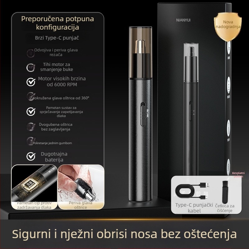 Električni trimer za nos, mini alat za njegu, glava za rezanje koja se može oprati, punjiva baterija, trajanje >50 dana
