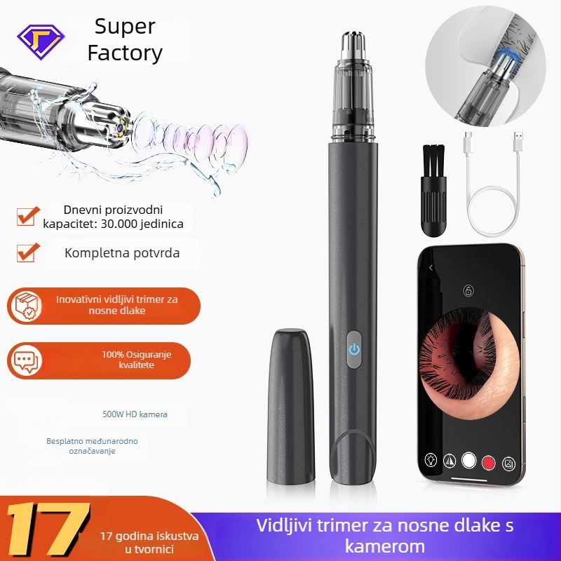 Kamerom nosni trimer, punjivi, ugrađena baterija 300–500 mAh, zamjenjiva i periva glava oštrice