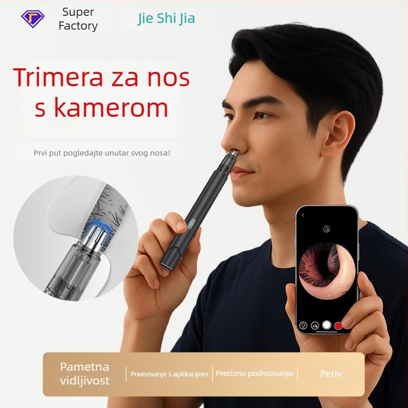 Kamerom nosni trimer, punjivi, ugrađena baterija 300–500 mAh, zamjenjiva i periva glava oštrice
