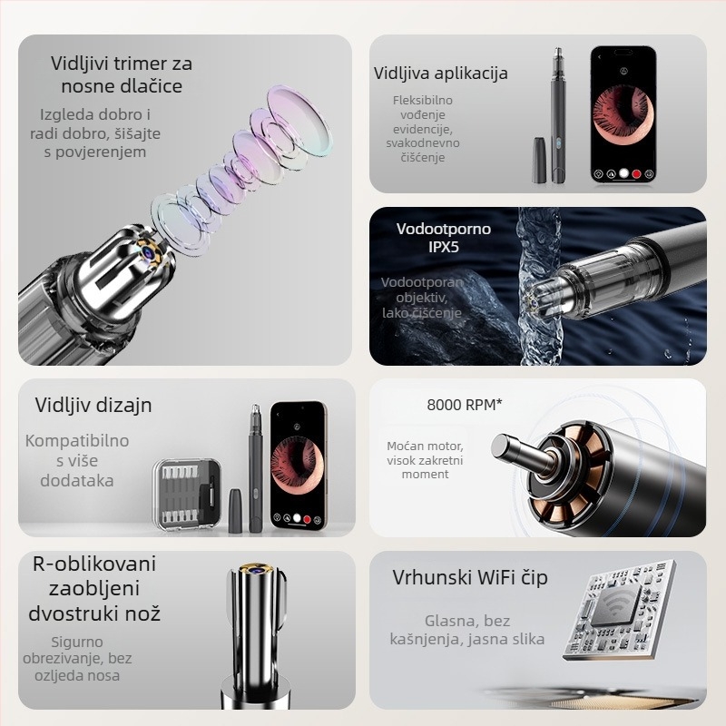 Kamerom nosni trimer, punjivi, ugrađena baterija 300–500 mAh, zamjenjiva i periva glava oštrice