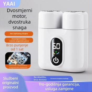 Dualna rotirajuća električna britva s LED zaslonom, plutajuća glava, odvojiva i periva glava, ugrađena baterija 800–1000 mAh, trajanje preko 60 minuta