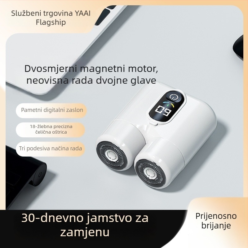 Dualna rotirajuća električna britva s LED zaslonom, plutajuća glava, odvojiva i periva glava, ugrađena baterija 800–1000 mAh, trajanje preko 60 minuta