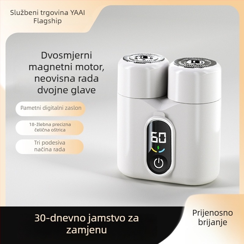Dualna rotirajuća električna britva s LED zaslonom, plutajuća glava, odvojiva i periva glava, ugrađena baterija 800–1000 mAh, trajanje preko 60 minuta