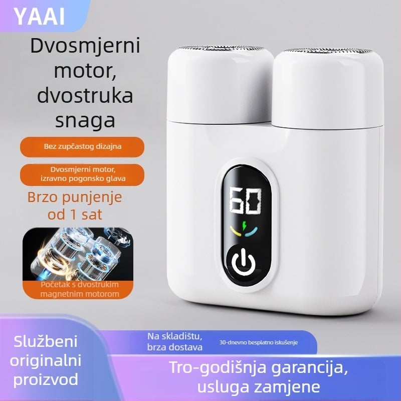Dualna rotirajuća električna britva s LED zaslonom, plutajuća glava, odvojiva i periva glava, ugrađena baterija 800–1000 mAh, trajanje preko 60 minuta