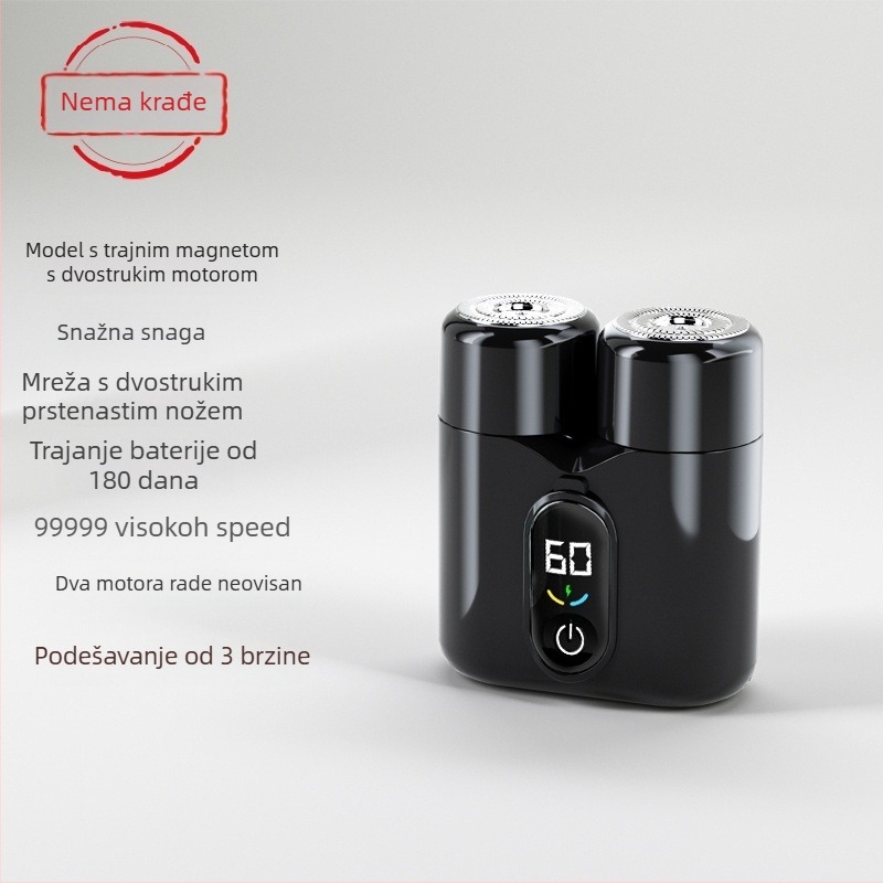 Dualna rotirajuća električna britva s LED zaslonom, plutajuća glava, odvojiva i periva glava, ugrađena baterija 800–1000 mAh, trajanje preko 60 minuta