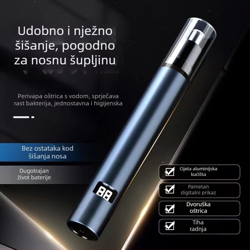 Električni trimer za nosnu dlačicu s ABS kućištem, punjiv, ugrađena baterija, odvojiva i periva oštrica, trajanje baterije preko 7 dana