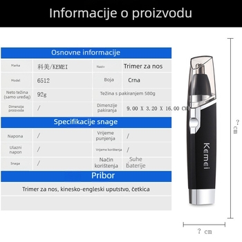 KM-6512 Električni trimer za nos, baterijsko napajanje, ABS kućište, odvojiva glava, nije perljiv