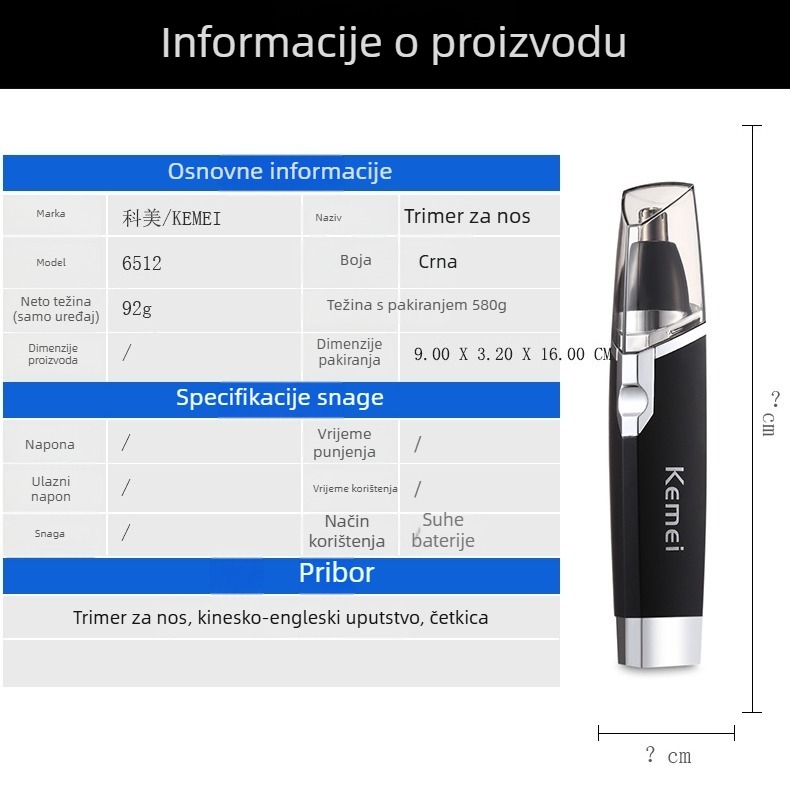 KM-6512 Električni trimer za nos, baterijsko napajanje, ABS kućište, odvojiva glava, nije perljiv