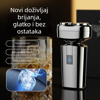 Električni brijač, vodootporan dvostruki rotor, mokro i suho brijanje, punjiv s ugrađenom baterijom 300–500 mAh, 60+ minuta rada, 1 sat punjenja