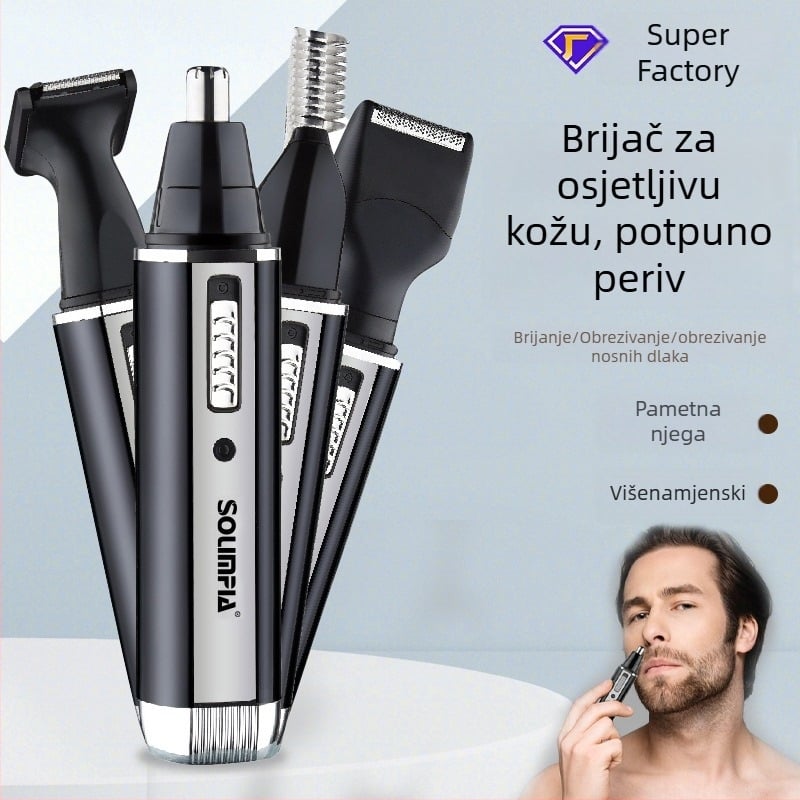 SOLIMPIA 4-u-1 električni uređaj za nosne dlačice, brijanje i oblikovanje obrva — punjiv, vodootporan, periv pod vodom, baterija 500–800 mAh, trajanje rada preko 7 dana