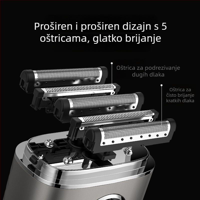 Langfu električni brijač s glavom od 5 oštrica, LED zaslon, USB punjenje, mokro/suho brijanje, ugrađena baterija 1200–2000 mAh