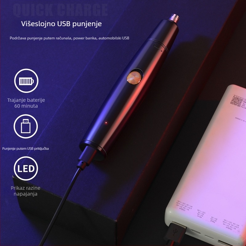 Električni trimer za nosne dlačice, unisex, USB punjenje, vodootporan, s ugrađenom baterijom 500–800 mAh, trajanje baterije preko 7 dana