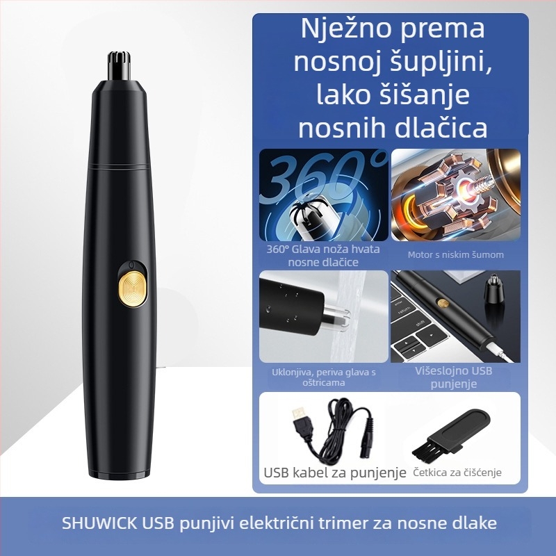 Električni trimer za nosne dlačice, unisex, USB punjenje, vodootporan, s ugrađenom baterijom 500–800 mAh, trajanje baterije preko 7 dana