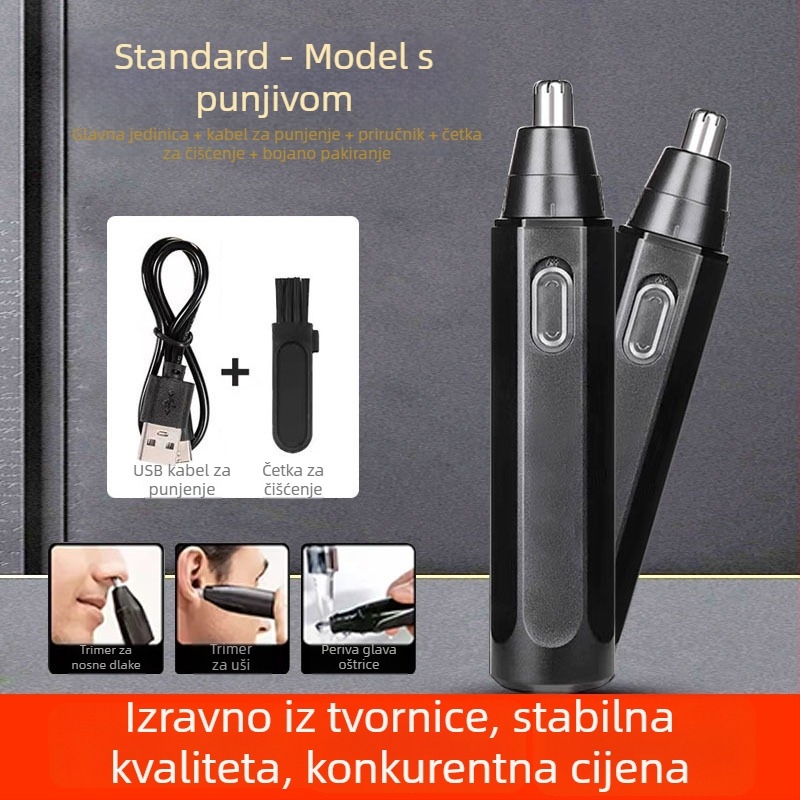 Trimer za nosne dlačice, punjiv, ugrađena baterija 300–500 mAh, vijek baterije preko 50 dana, nije moguće prati vodom