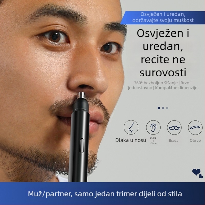 Trimer za nos – Električni, USB napajanje, Ugrađena baterija, ABS kućište, 300–500 mAh, Trajanje preko 15 dana